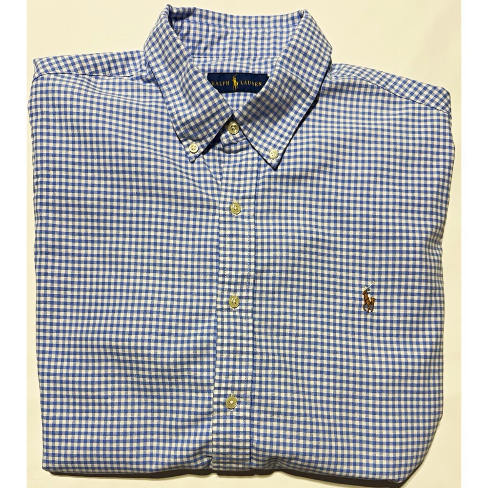 Ralph Lauren Shirt Mens 2XL Blue White Check Long Sleeve Button Down Collar